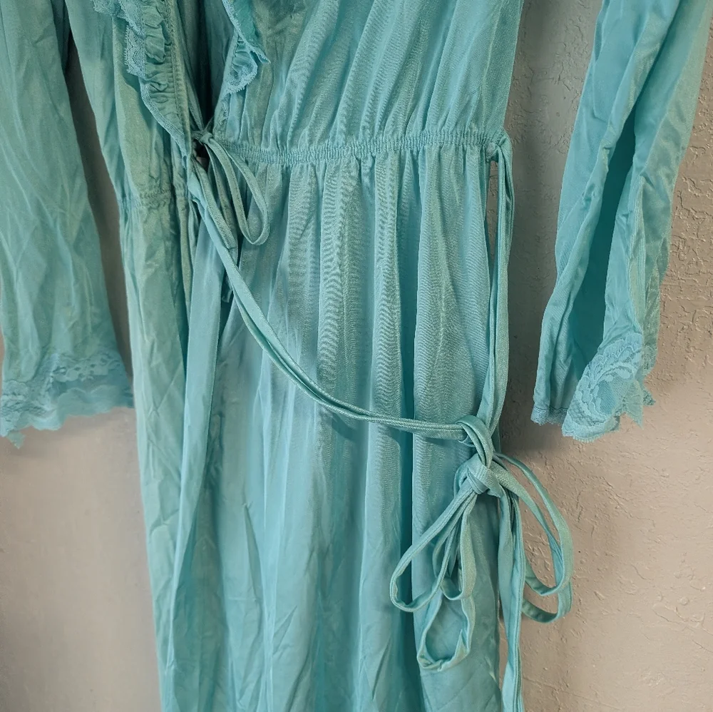 Julie Two Vtg Teal Aqua Ruffled Housecoat Robe S Pockets Lace 80s 90s Coquette